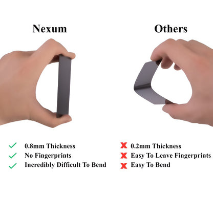 Comparison chart showing the Nexum metal NFC business card versus cheaper alternatives. Nexum features 0.8mm thickness, no fingerprints, and durable metal construction that is difficult to bend. Other cards are thinner, easier to bend, and show fingerprints. Highlights premium build quality, durability, and clean matte finish for creators, entrepreneurs, and enthusiasts seeking a long-lasting tap-to-share digital business card solution.